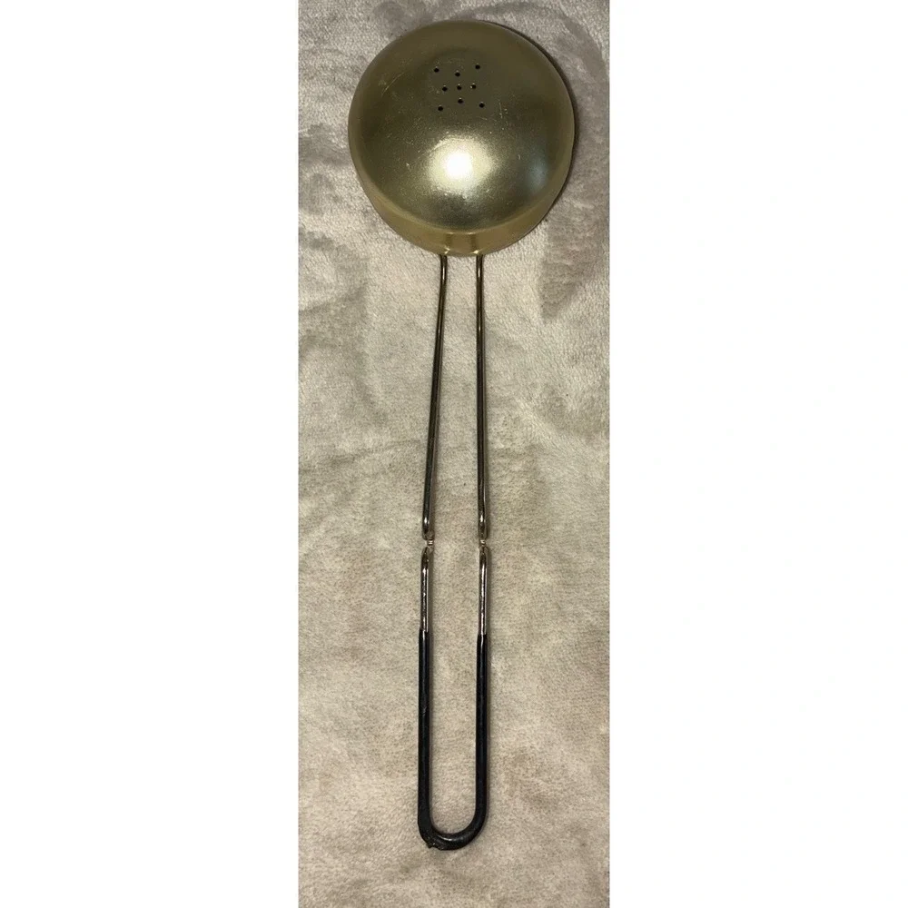 Vintage Metal Tea Strainer Infuser Gold Pot Rest Farmhouse Rustic Cottage *flaw